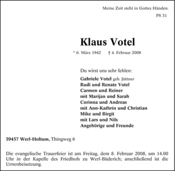 Traueranzeige von Klaus Votel