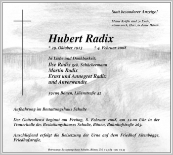 Traueranzeige von Hubert Radix
