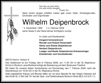 Traueranzeige von Wilhelm Deipenbrock
