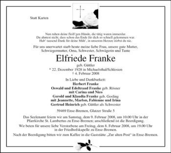 Traueranzeige von Elfriede Franke