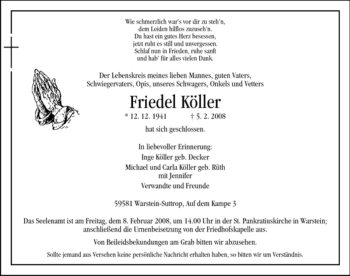Traueranzeige von Friedel Köller