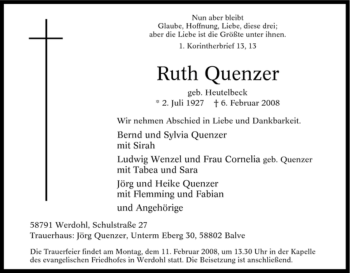 Traueranzeige von Ruth Quenzer