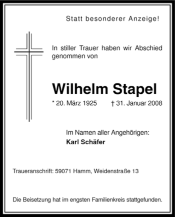 Traueranzeige von Wilhelm Stapel