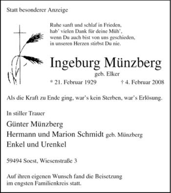 Traueranzeige von Ingeburg Münzberg