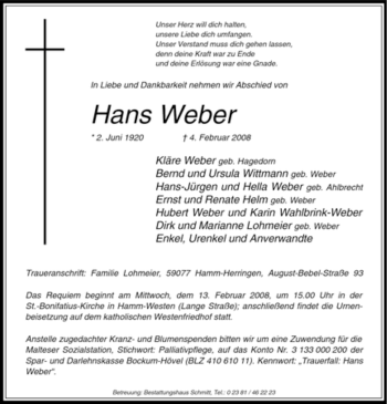 Traueranzeige von Hans Weber