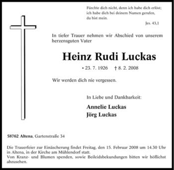 Traueranzeige von Heinz Rudi Luckas