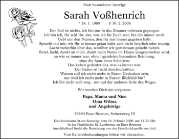 Traueranzeige von Sarah Voßhenrich