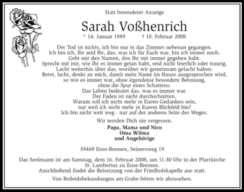 Traueranzeige von Sarah Voßhenrich