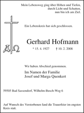 Traueranzeige von Gerhard Hofmann