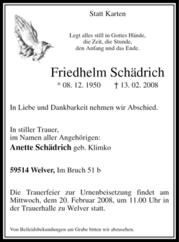 Traueranzeige von Friedhelm Schädrich