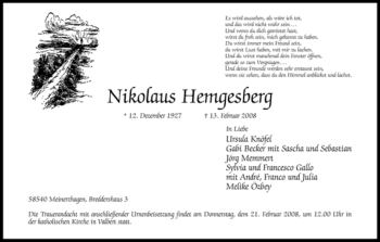 Traueranzeige von Nikolaus Hemgesberg