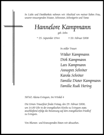 Traueranzeige von Hannelore Kampmann
