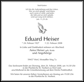 Traueranzeige von Eduard Heiser