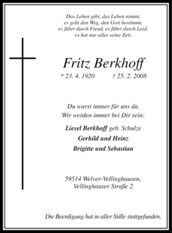 Traueranzeige von Fritz Berkhoff