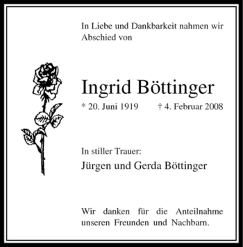 Traueranzeige von Ingrid Böttinger