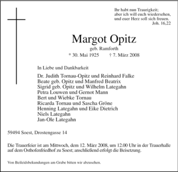 Traueranzeige von Margot Opitz