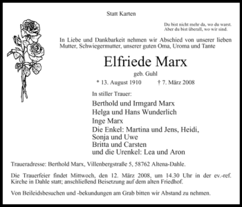 Traueranzeige von Elfriede Marx
