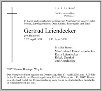 Traueranzeige von Gertrud Leiendecker