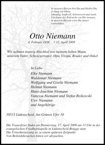 Traueranzeige von Otto Niemann