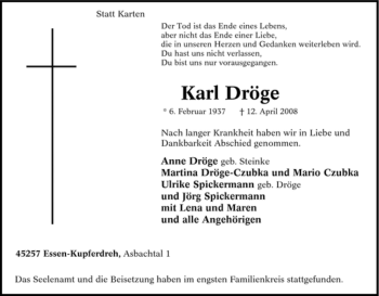 Traueranzeige von Karl Dröge