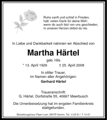 Traueranzeige von Martha Härtel