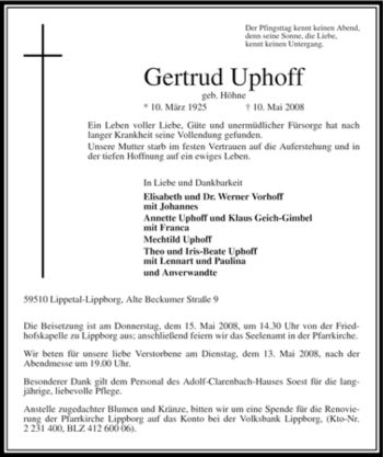 Traueranzeige von Gertrud Uphoff