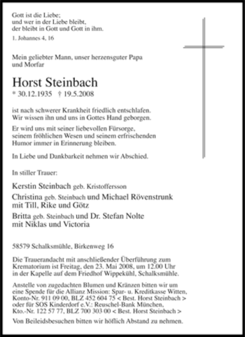 Traueranzeige von Horst Steinbach