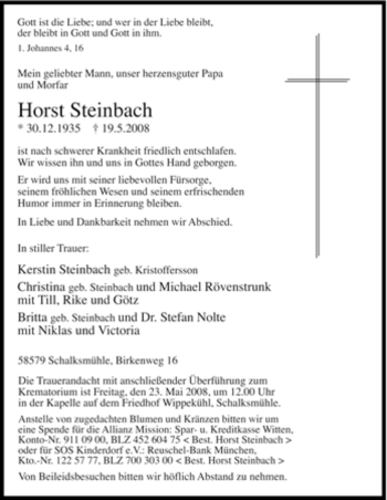 Traueranzeige von Horst Steinbach