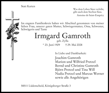 Traueranzeige von Irmgard Gamroth
