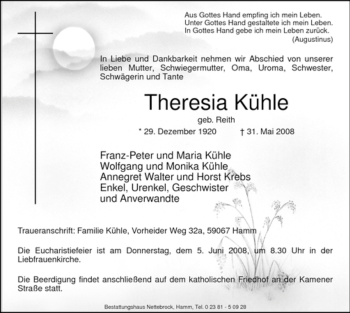 Traueranzeige von Theresia Kühle