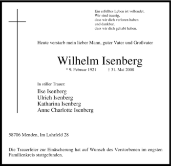 Traueranzeige von Wilhelm Isenberg