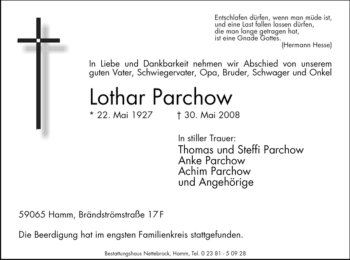 Traueranzeige von Lothar Parchow