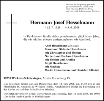 Traueranzeige von Hermann Josef Hesselmann