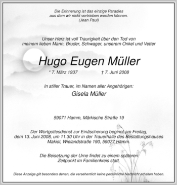 Traueranzeige von Hugo Eugen Müller