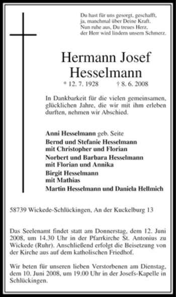 Traueranzeige von Hermann Josef Hesselmann