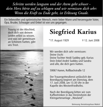 Traueranzeige von Siegfried Karius