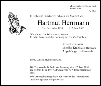Traueranzeige von Hartmut Herrmann