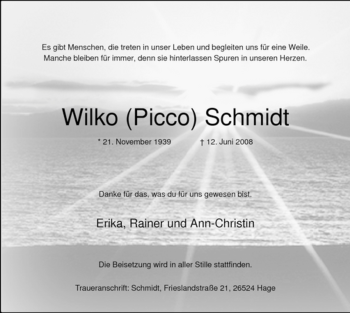 Traueranzeige von Wilko (Picco) Schmidt