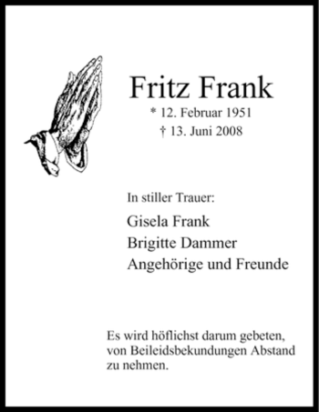 Traueranzeige von Fritz Frank