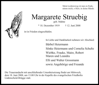 Traueranzeige von Margarete Struebig