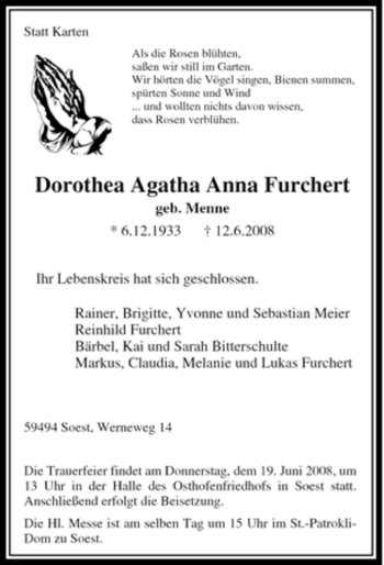 Traueranzeige von Dorothea Agatha Anna Furchert