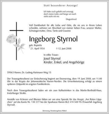 Traueranzeige von Ingeborg Styrnol