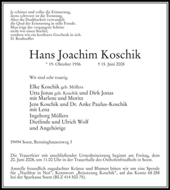 Traueranzeige von Hans Joachim Koschik