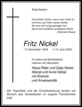Traueranzeige von Fritz Nickel