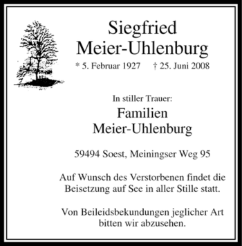 Traueranzeige von Siegfried Meier-Uhlenburg