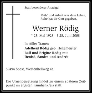Traueranzeige von Werner Rödig