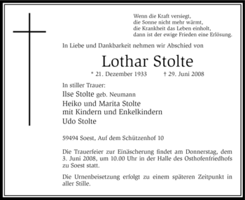 Traueranzeige von Lothar Stolte