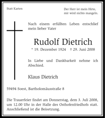 Traueranzeige von Rudolf Dietrich