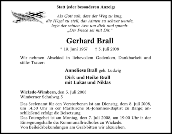 Traueranzeige von Gerhard Brall