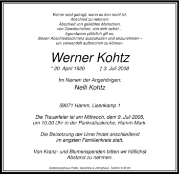 Traueranzeige von Werner Kohtz